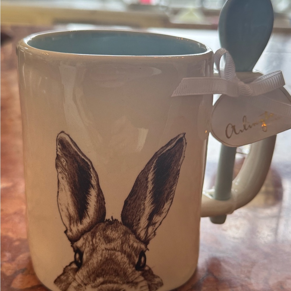 Cream and Blue Rabbit Mug with Spoon